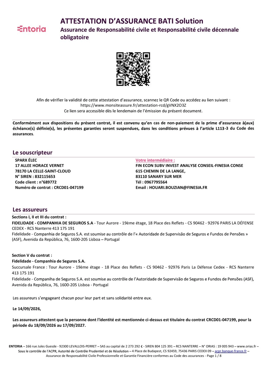 Attestation d’assurance responsabilité civile professionnelle et décennale Fidelidade au nom de Sparx Élec