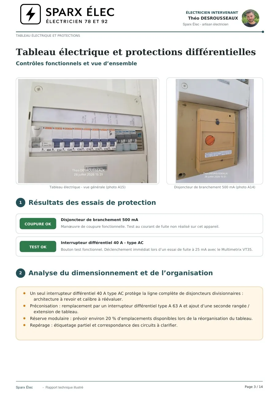 Rapport de diagnostic électrique, page 3 sur 14 : Tableau électrique et protections différentielles