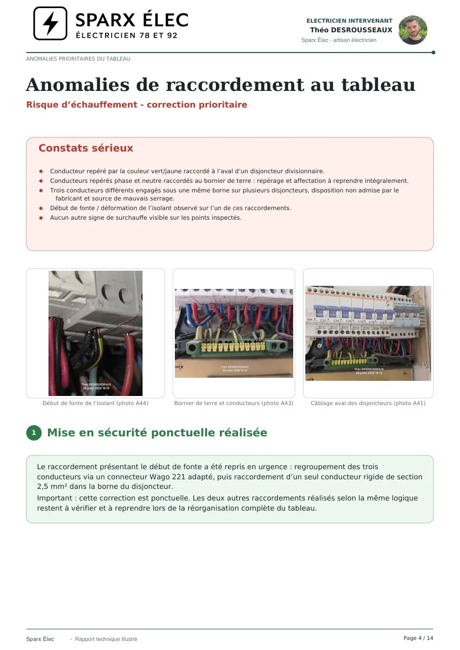 Rapport de diagnostic électrique, page 4 sur 14 : Anomalies de raccordement au tableau