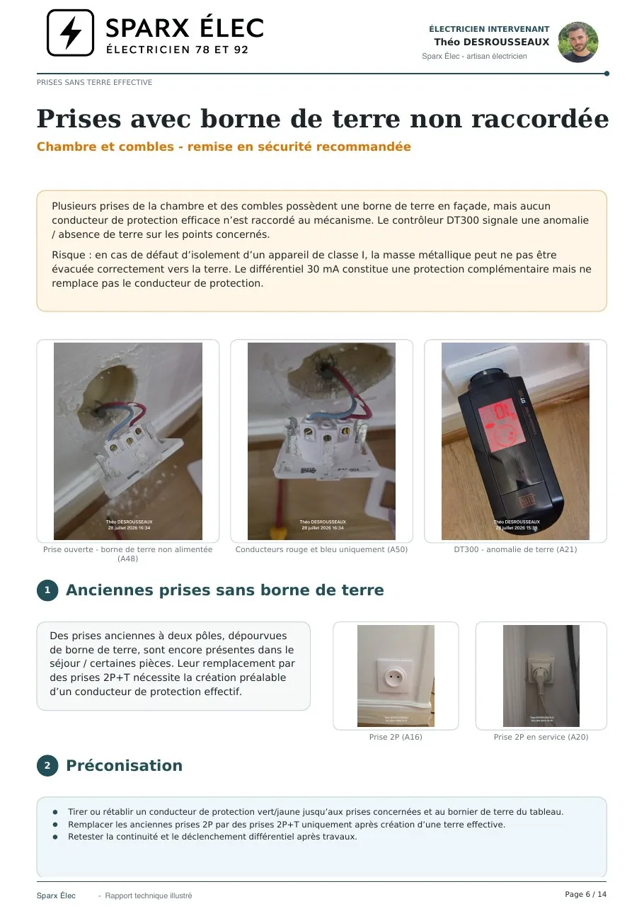 Rapport de diagnostic électrique, page 6 sur 14 : Prises avec borne de terre non raccordée