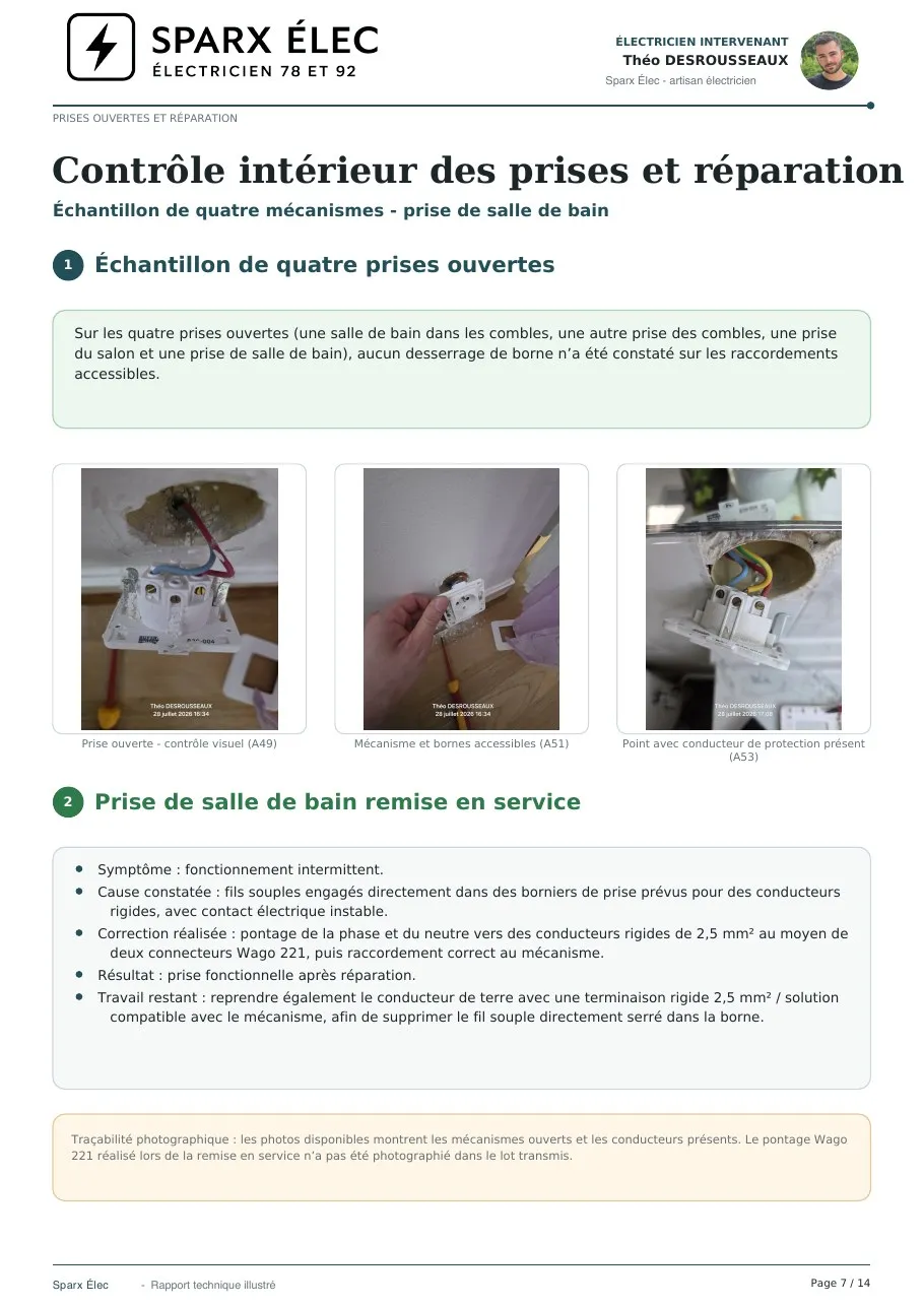 Rapport de diagnostic électrique, page 7 sur 14 : Contrôle intérieur des prises et réparation