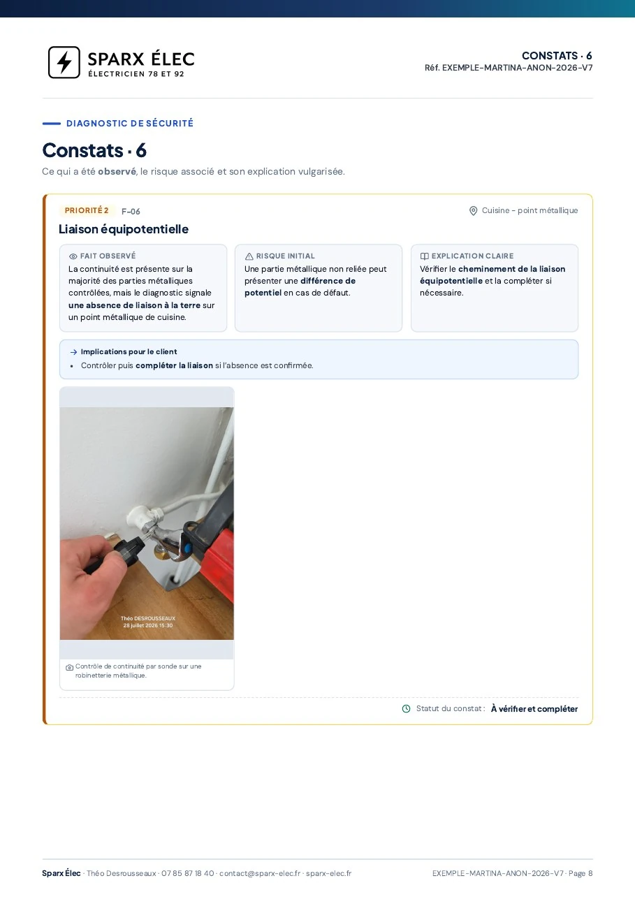 Rapport de diagnostic électrique, page 8 sur 14 : Liaison équipotentielle