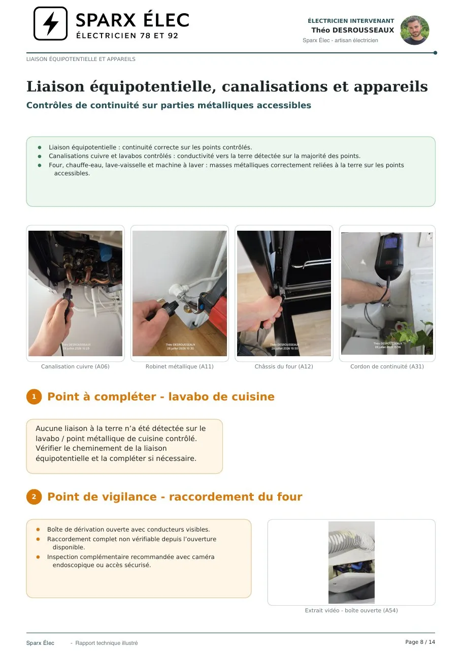 Rapport de diagnostic électrique, page 8 sur 14 : Liaison équipotentielle, canalisations et appareils