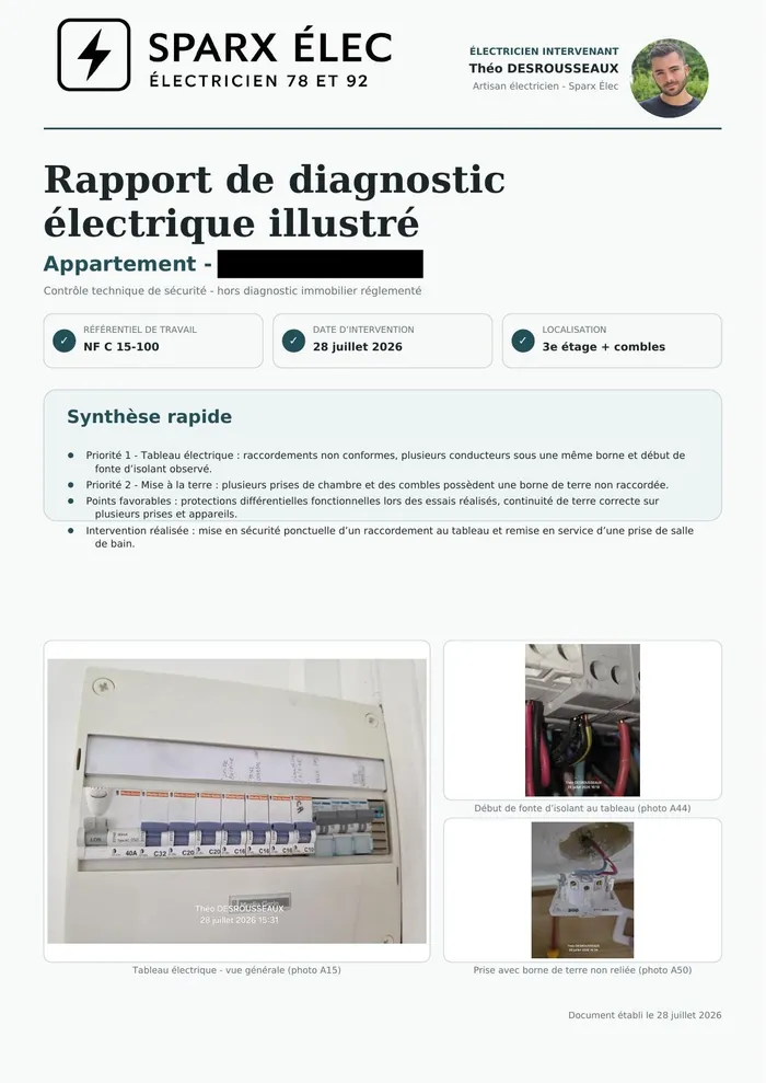 Première page d'un exemple de rapport de diagnostic électrique illustré Sparx Élec