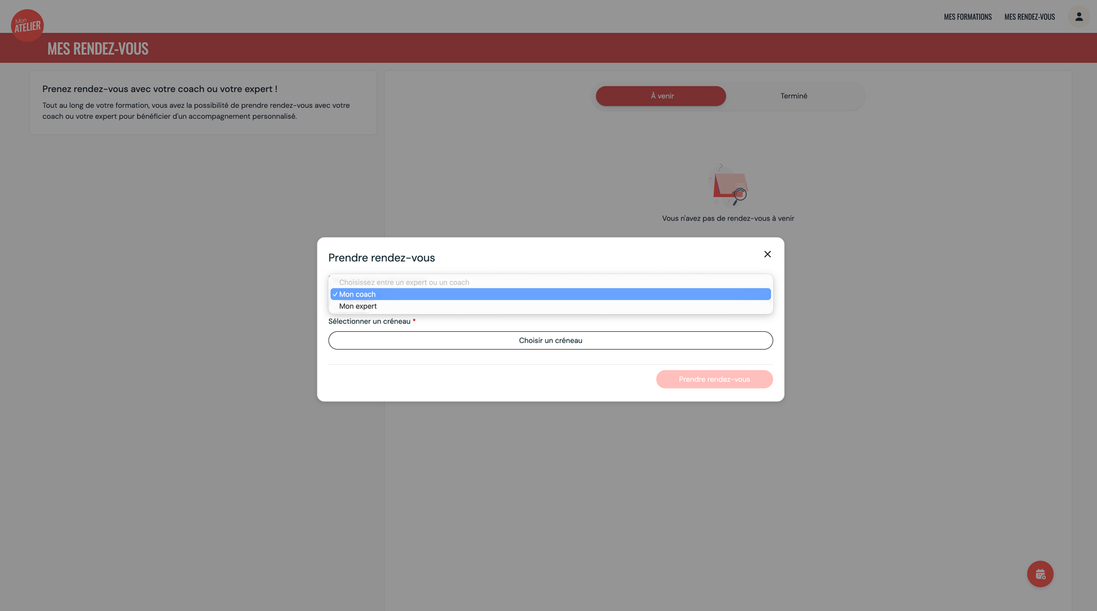 Interface de prise de rendez-vous avec un coach ou un expert métier sur la plateforme de formation