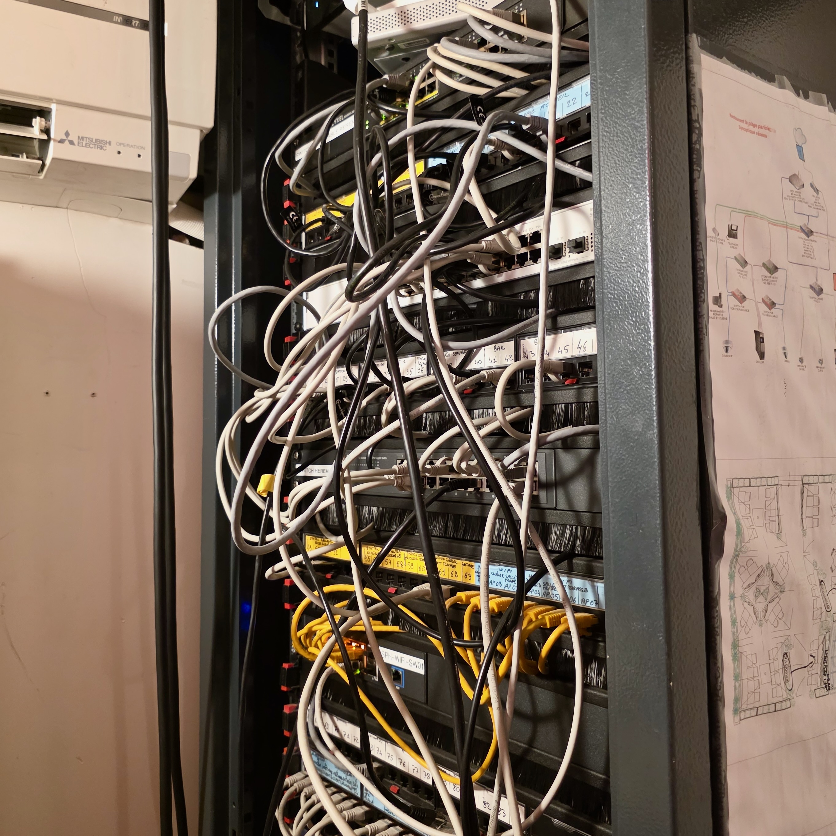 Baie de brassage réseau avec commutateurs empilés et câbles Ethernet étiquetés