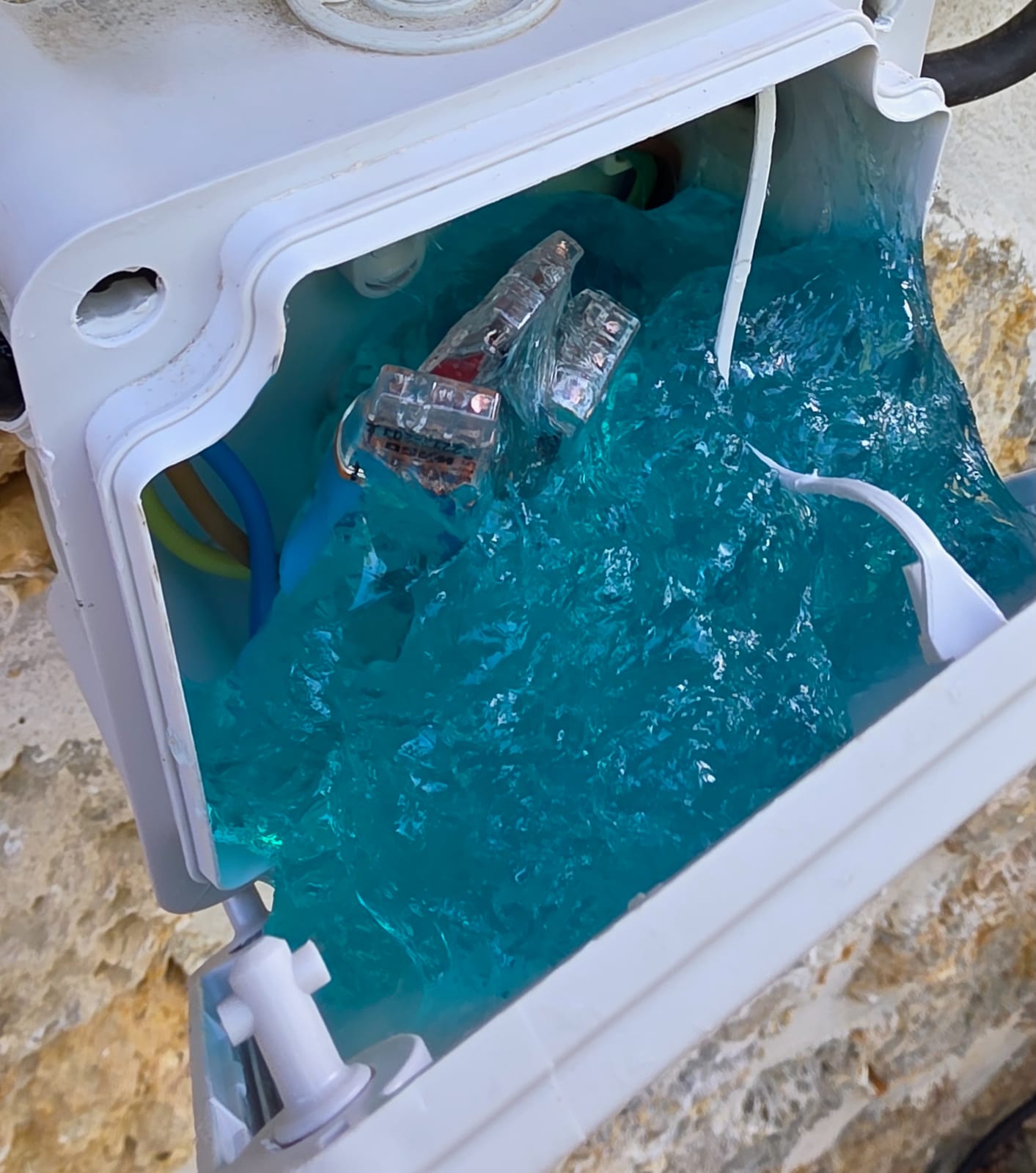 Boîte de dérivation extérieure remplie de gel bleu avec des bornes qui dépassent de la surface
