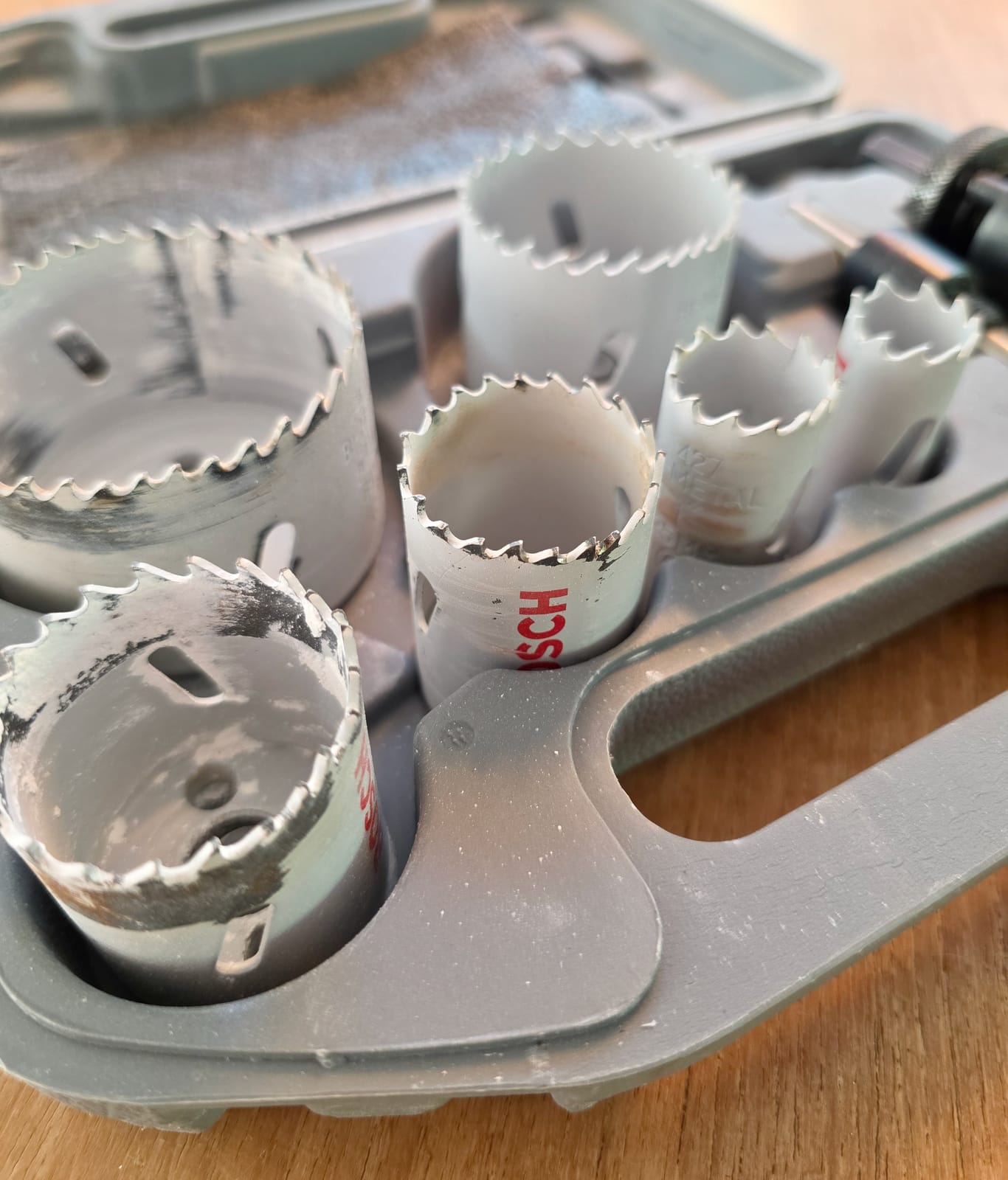 Lot de six scies cloches Bosch avec marques d’usure dans une boîte ouverte