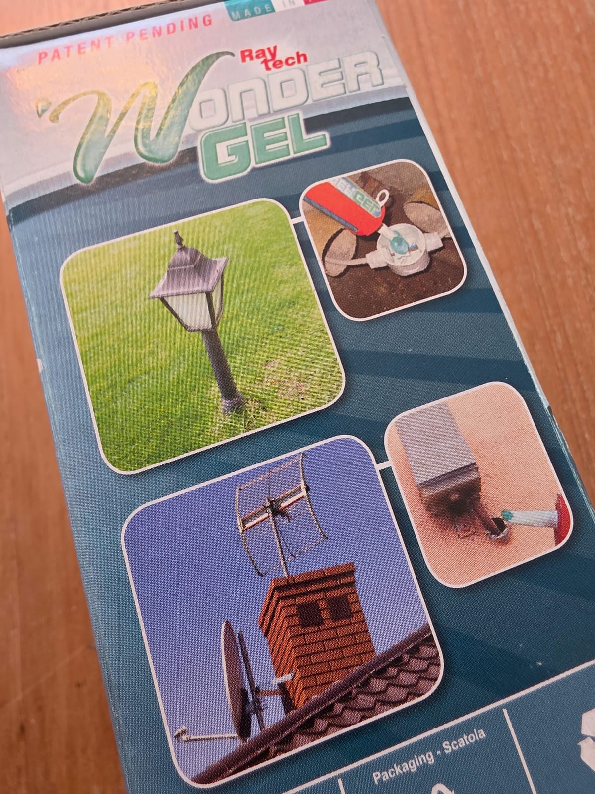 Face latérale de l’emballage Wonder Gel avec des photos d’applications sur lampadaire et antenne de toit