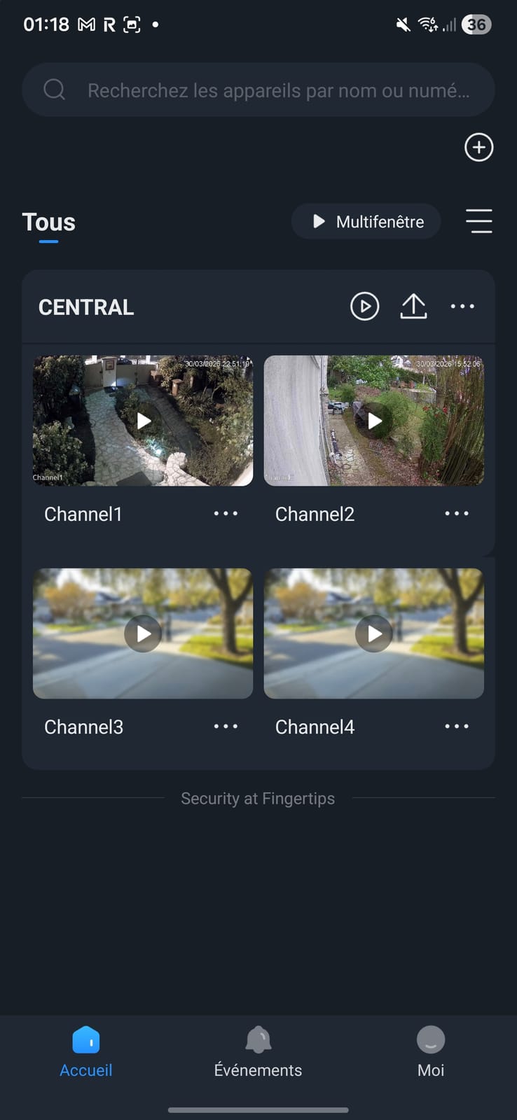 Application mobile Dahua DMSS affichant la liste des caméras d’un NVR avec aperçu