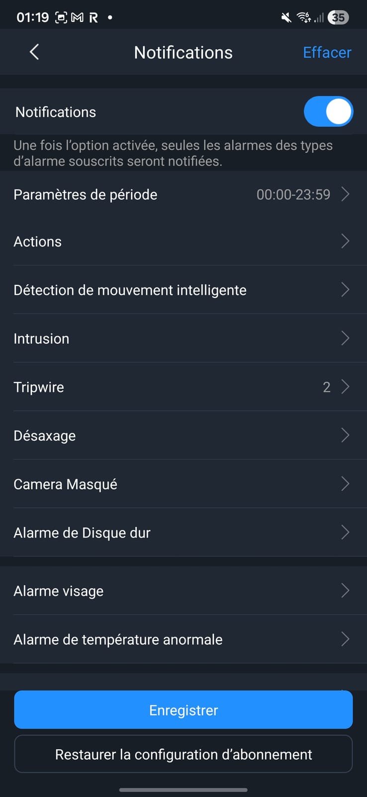 Réglages des notifications Dahua DMSS pour franchissement de ligne, intrusion et sabotage