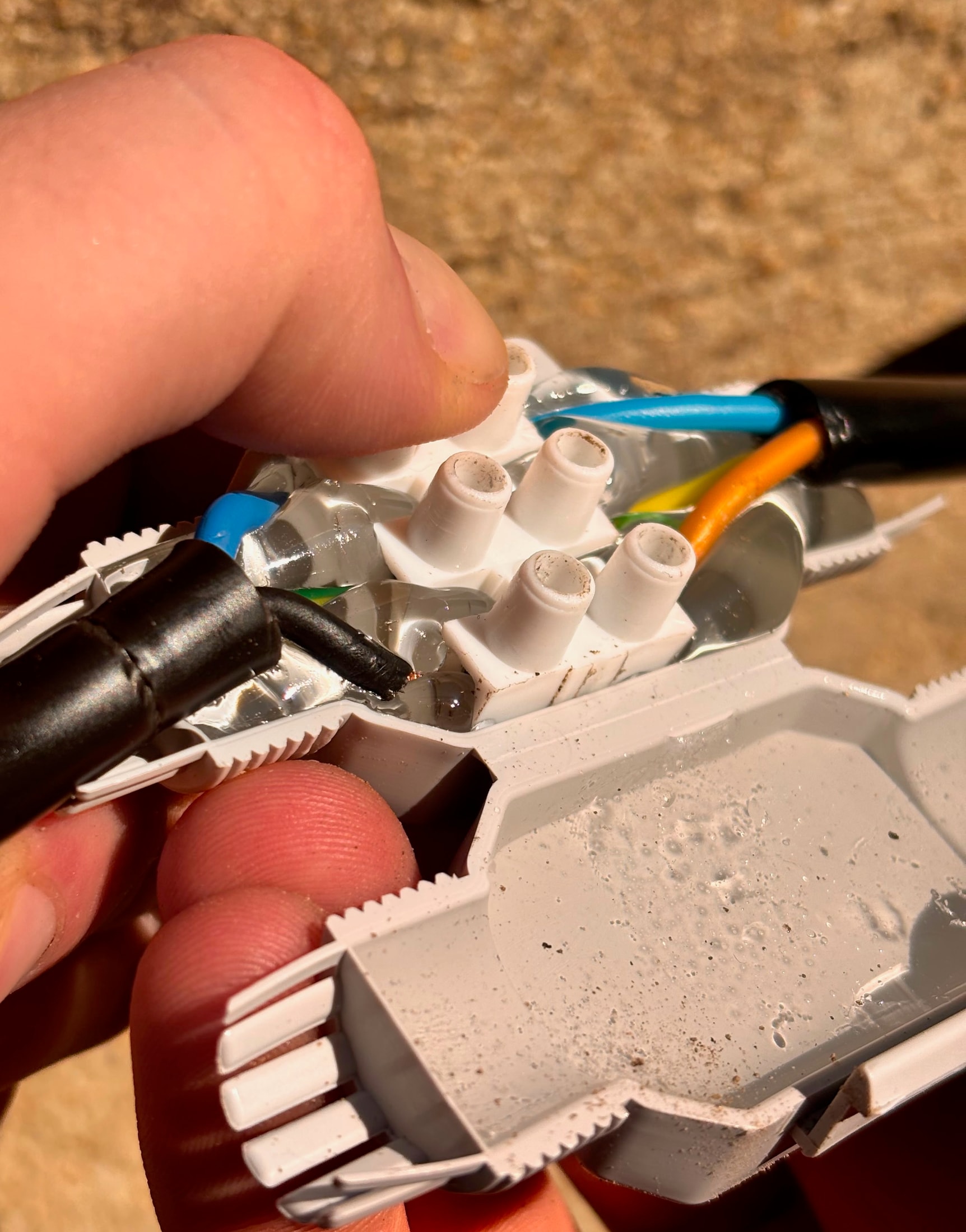 Intérieur du connecteur étanche Raytech Betty 4 avec des fils colorés insérés dans les bornes et du gel
