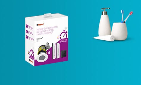 Boîte d’un kit de spots Legrand pour salle de bain, avec illustration des spots et du transformateur