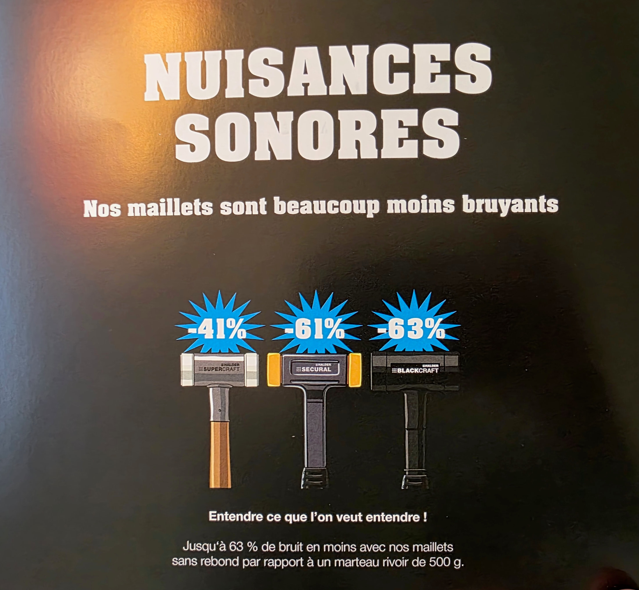 Page de brochure Halder comparant les nuisances sonores entre familles de marteaux