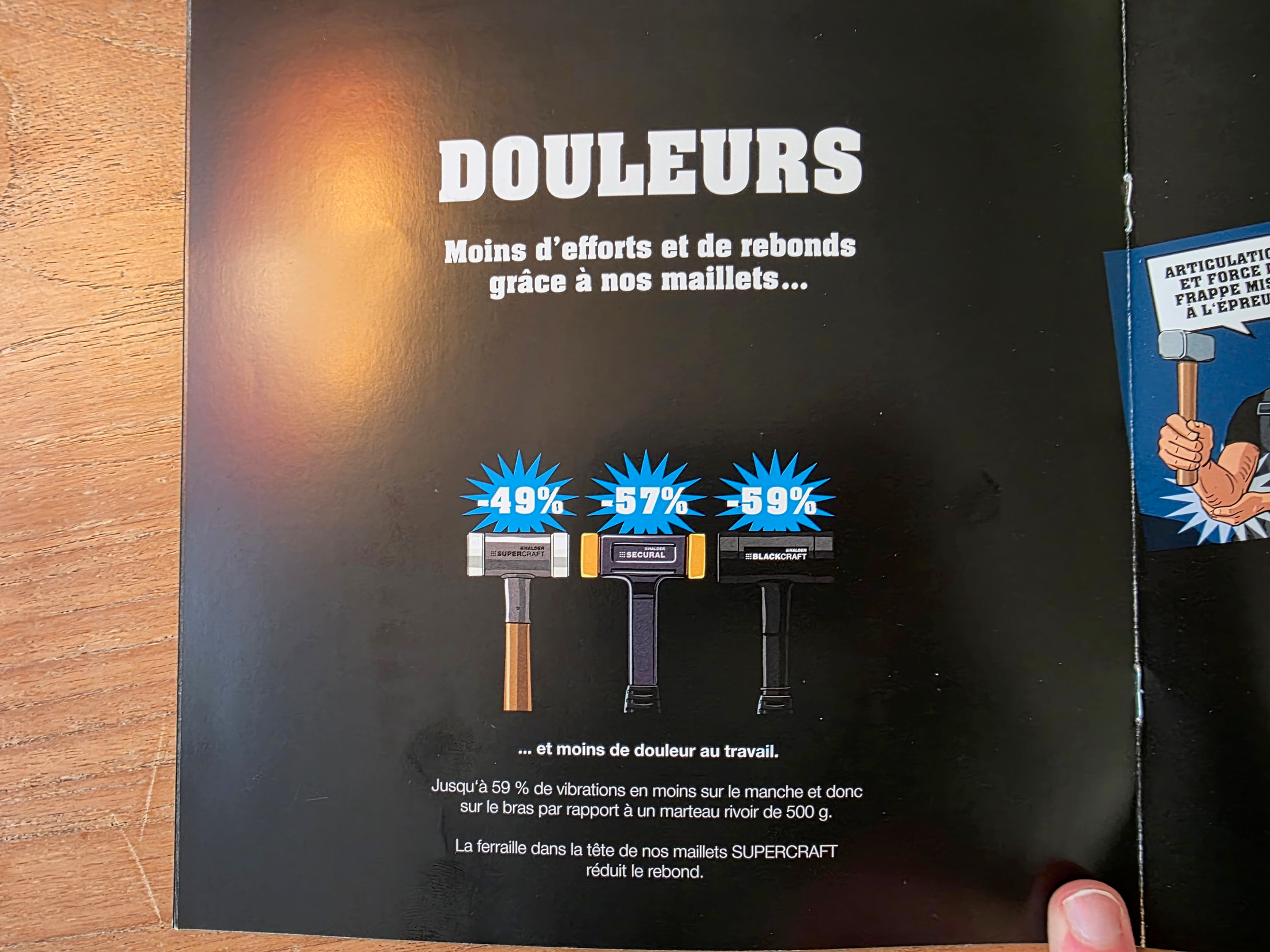 Page de catalogue Halder comparant SUPERCRAFT, SECURAL et BLACKCRAFT sur les vibrations et les douleurs