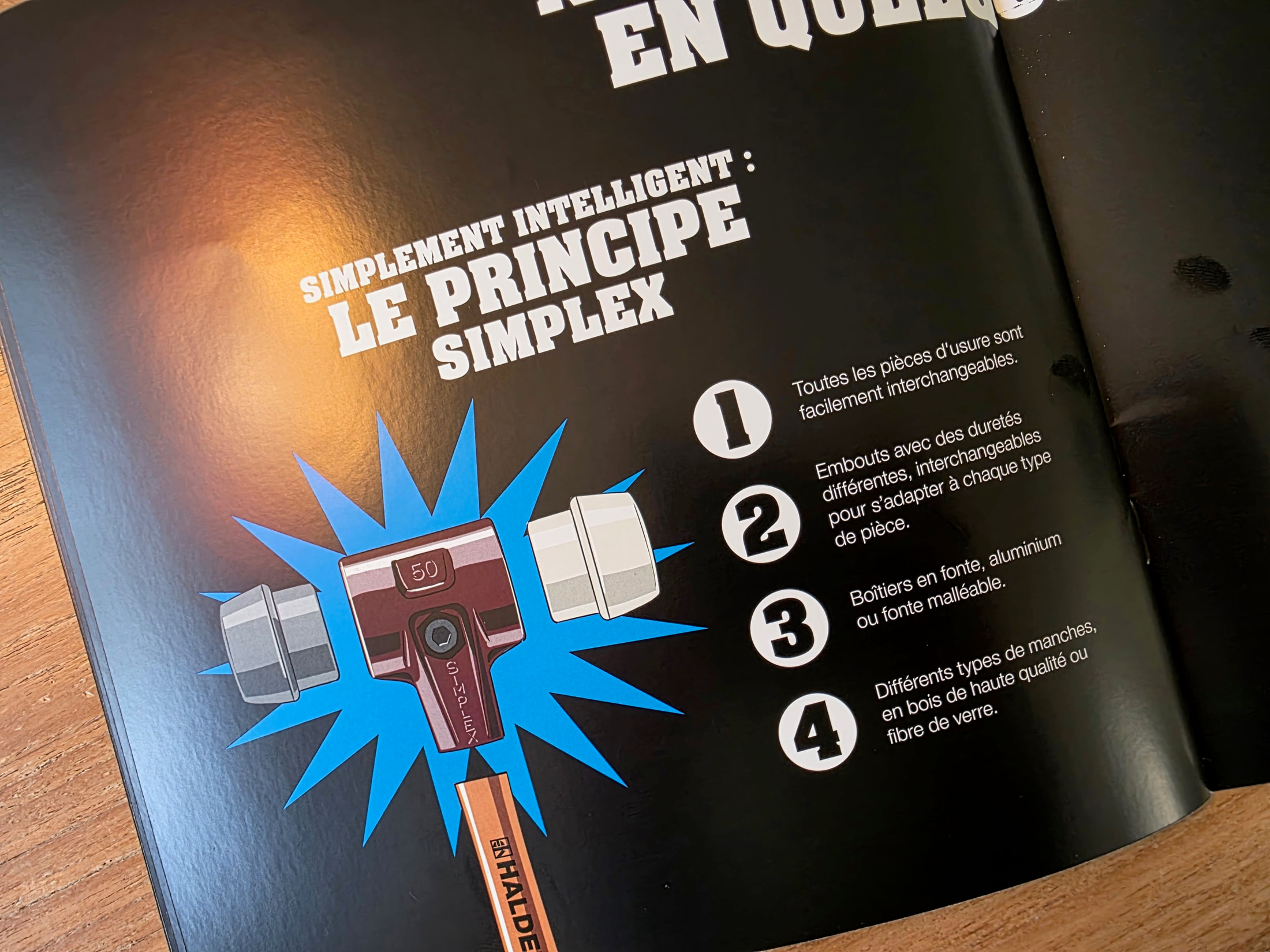 Page de catalogue Halder sur le principe SIMPLEX : tête de marteau à pièces interchangeables et embouts de duretés différentes