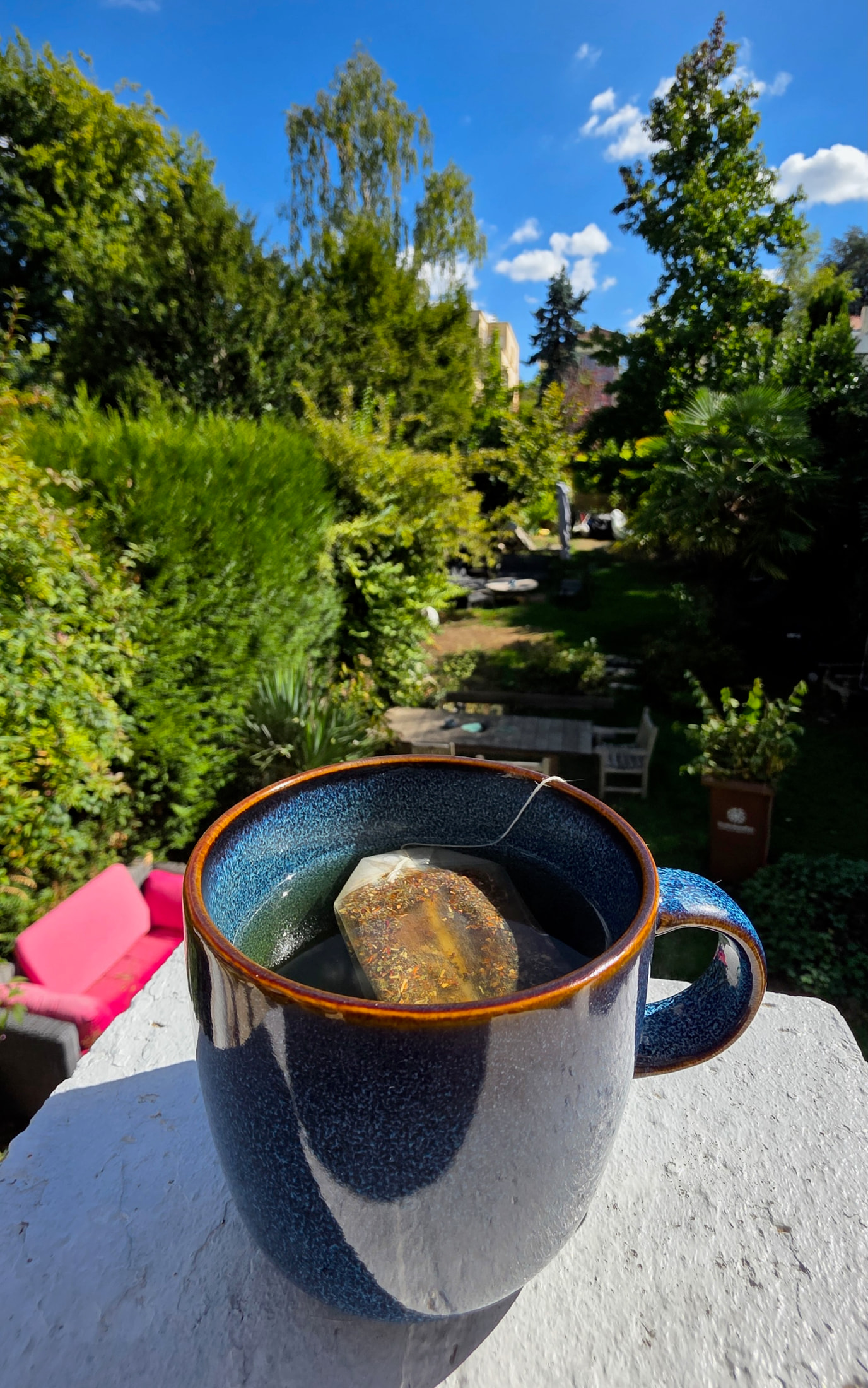 Tasse en céramique bleue avec sachet de thé préparée après l’essai de l’onduleur ECO-WORTHY