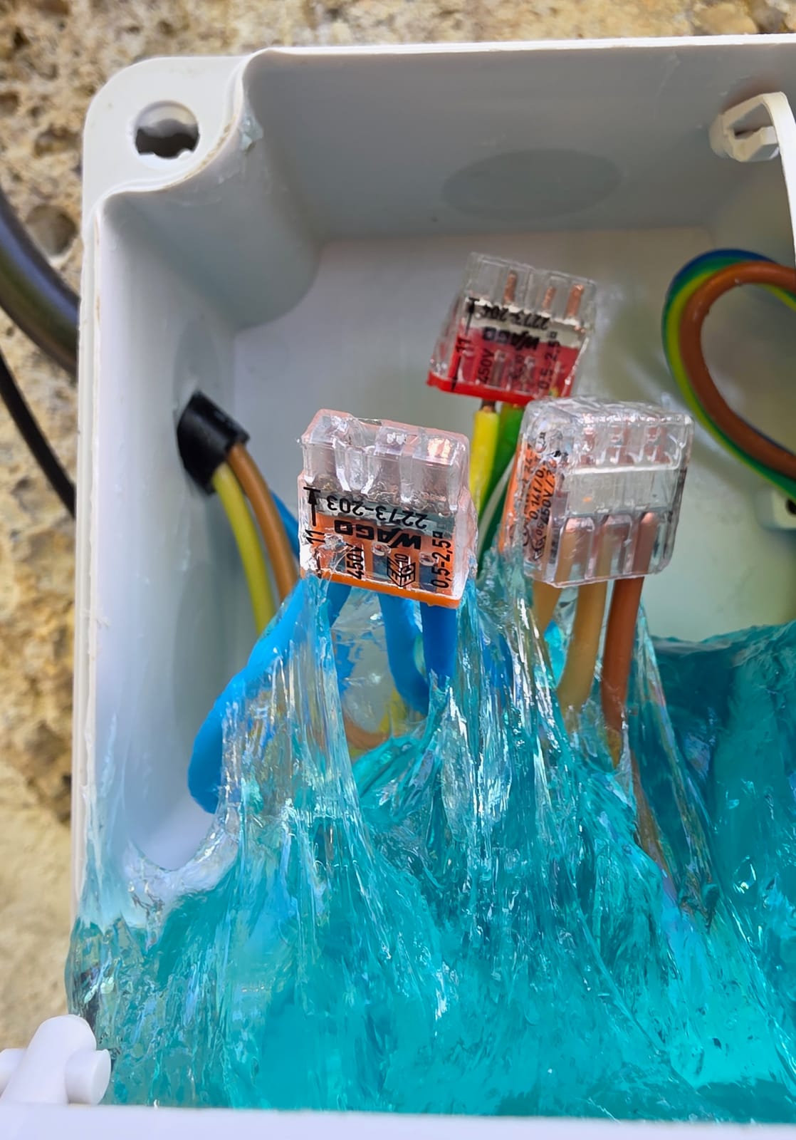 Trois connecteurs Wago 2273-203 sur des fils électriques enrobés de gel bleu dans une boîte