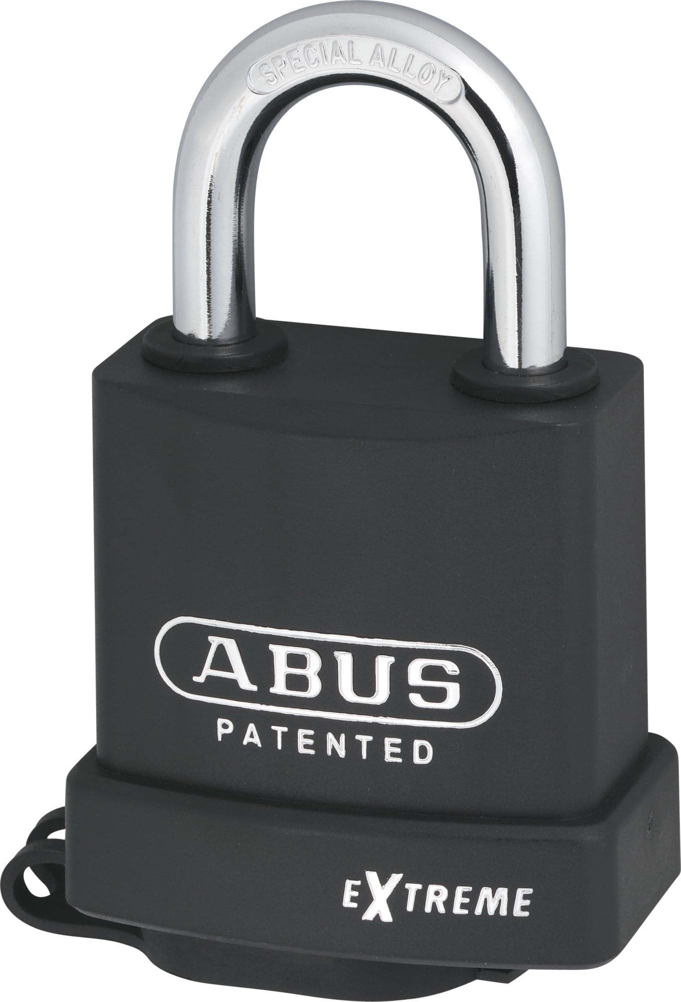 Un cadenas noir avec un arceau argenté portant les inscriptions ABUS, Patented et Extreme sur le corps et la base.