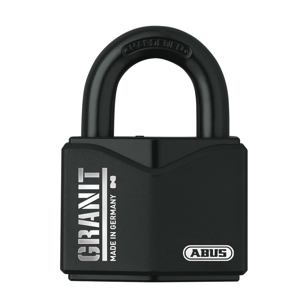 Un cadenas noir robuste avec un arceau noir, affichant les inscriptions GRANIT, Made in Germany et le logo ABUS.