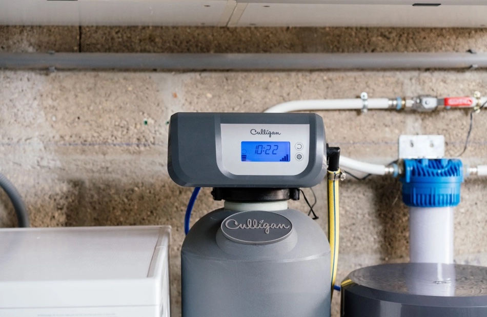 Adoucisseur d’eau bi-bloc Culligan installé : tête de commande à écran, préfiltre et bac à sel