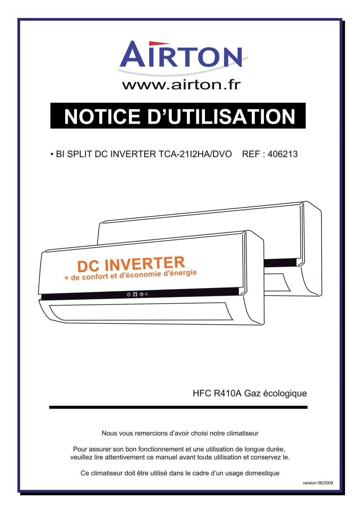 La couverture d’une notice d’utilisation pour un climatiseur Airton Bi Split DC Inverter.