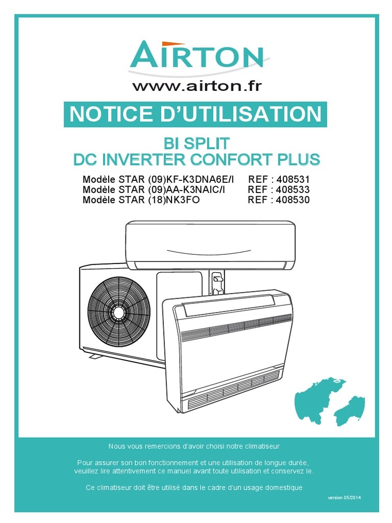 La couverture d’une notice d’utilisation pour un climatiseur Airton Bi Split DC Inverter Confort Plus.