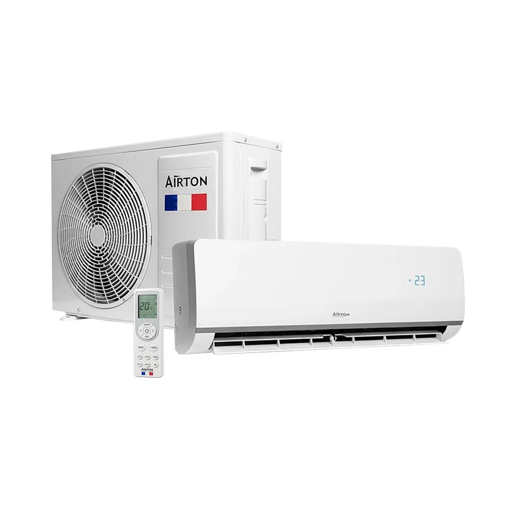 Un ensemble de climatisation Airton composé d’une unité intérieure, d’une unité extérieure et d’une télécommande.