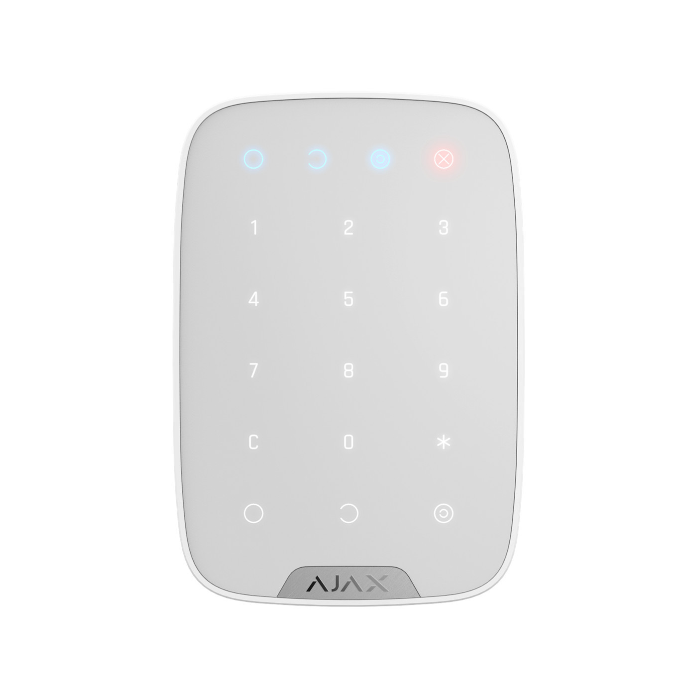 Clavier tactile blanc avec pavé numérique, icônes lumineuses bleues et rouges en haut, et logo AJAX en bas sur fond gris.