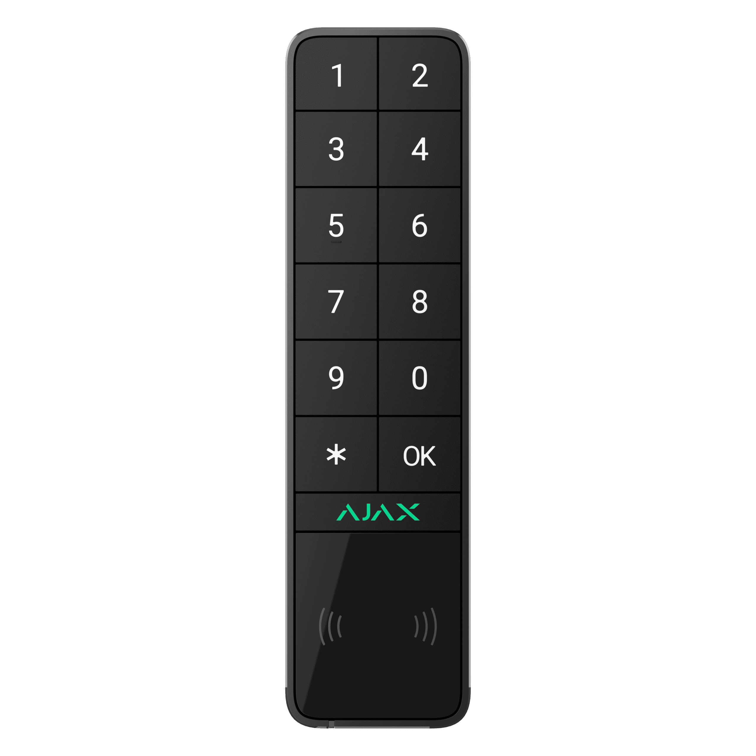 Clavier noir vertical avec pavé numérique, logo AJAX en vert et zone de lecture audio en bas.