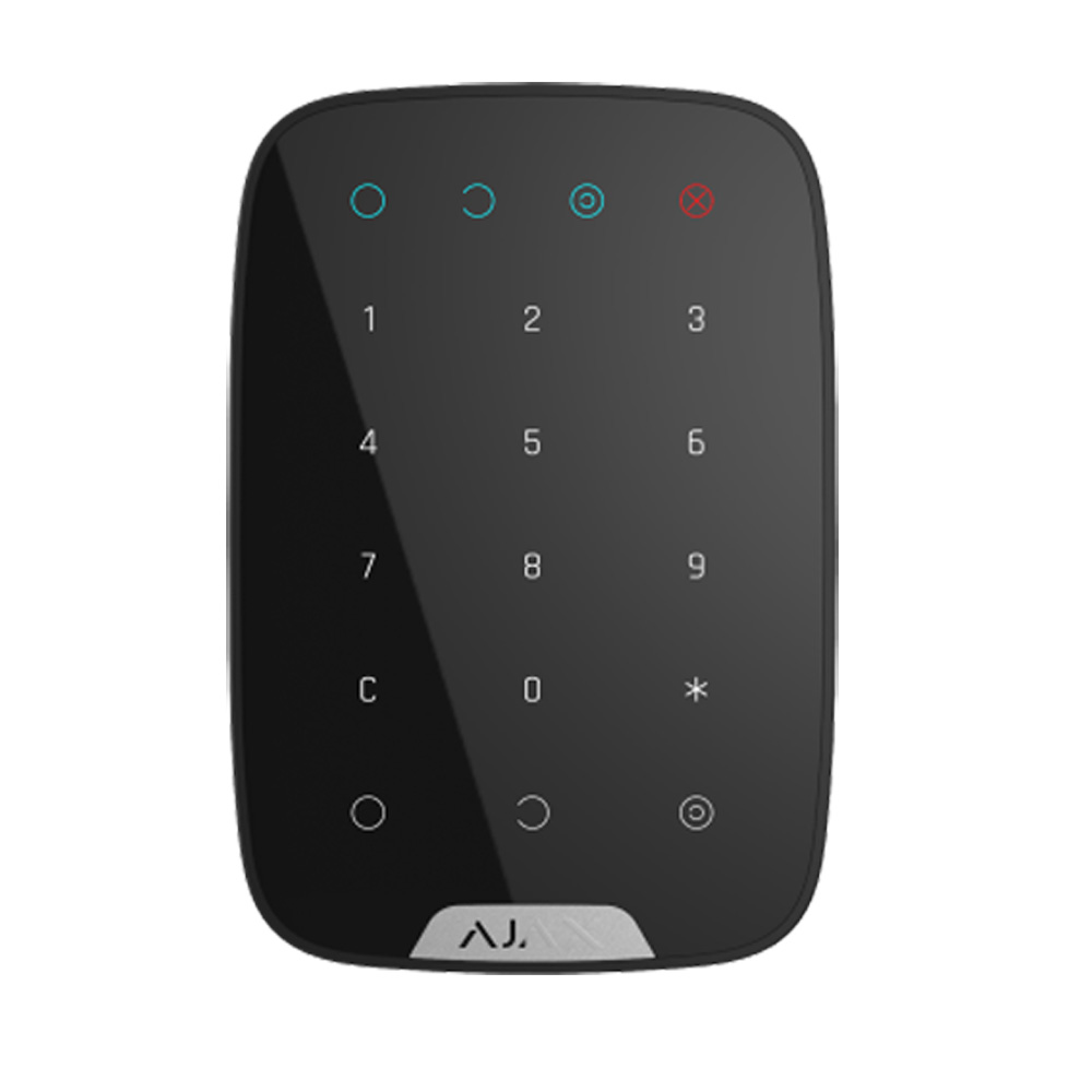 Clavier tactile noir avec pavé numérique, icônes lumineuses en haut et logo AJAX en bas sur fond gris.