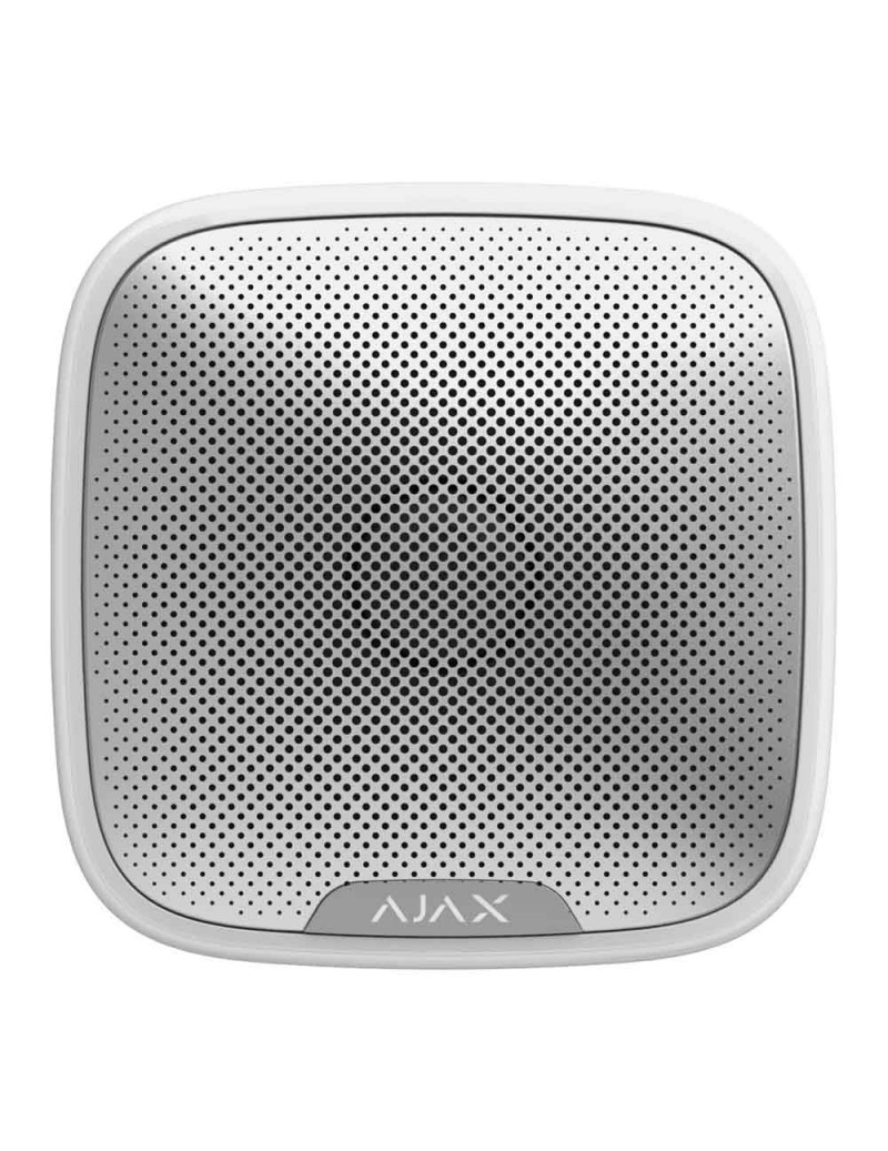 Une sirène Ajax blanche à façade perforée vue de face sur fond blanc, avec le logo AJAX en bas.