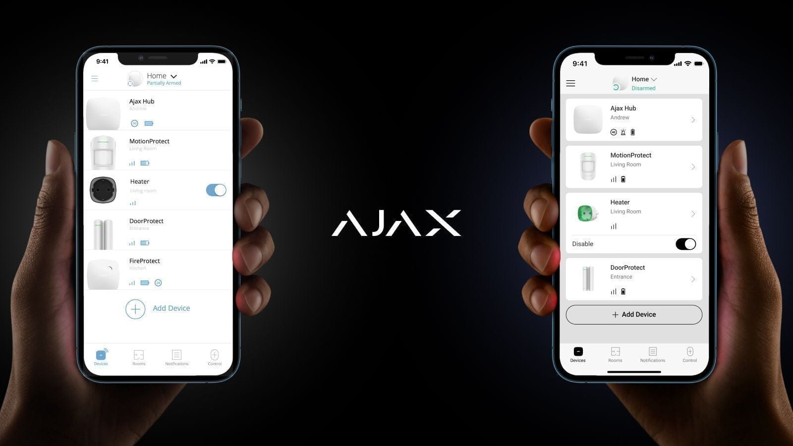 Deux smartphones affichant l'application Ajax Security System avec la liste des dispositifs et leur état