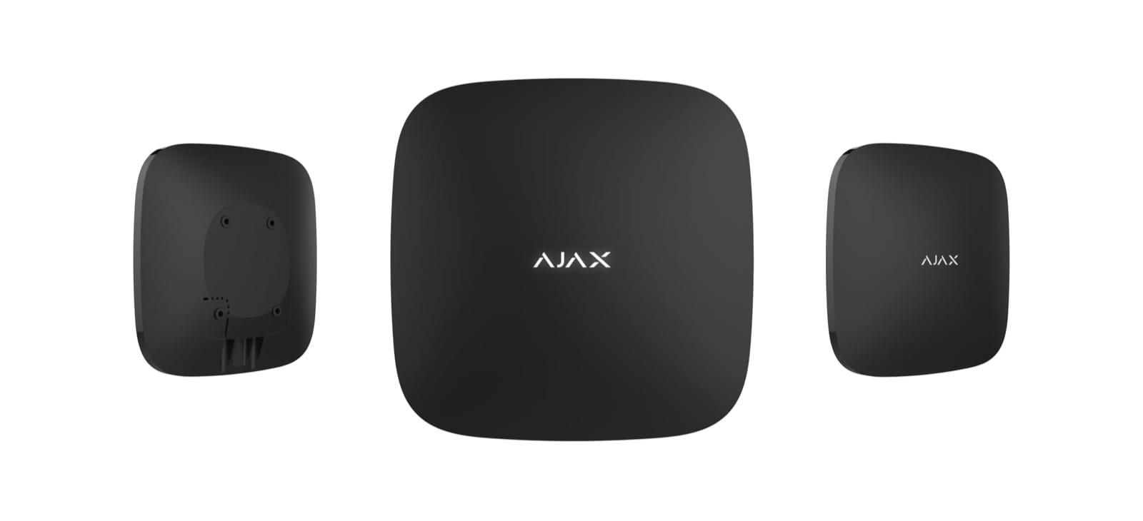 Centrale Ajax Hub 2 Plus noire vue de face, de dos et de trois quarts