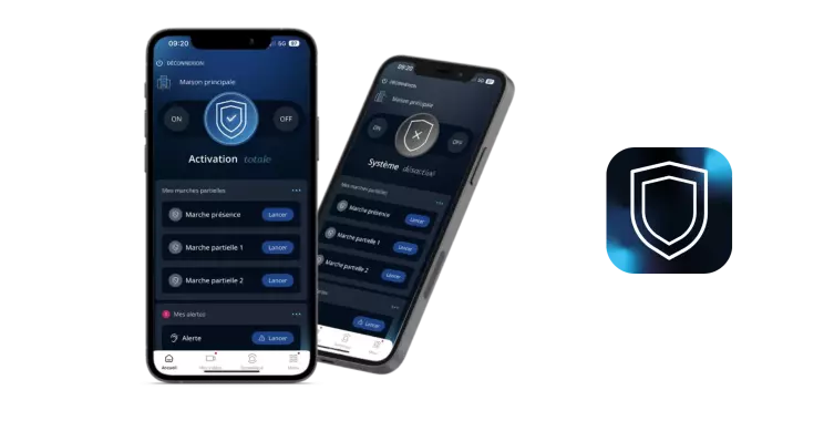 Application Daitem Secure affichée sur deux smartphones avec les modes d'activation totale et partielle
