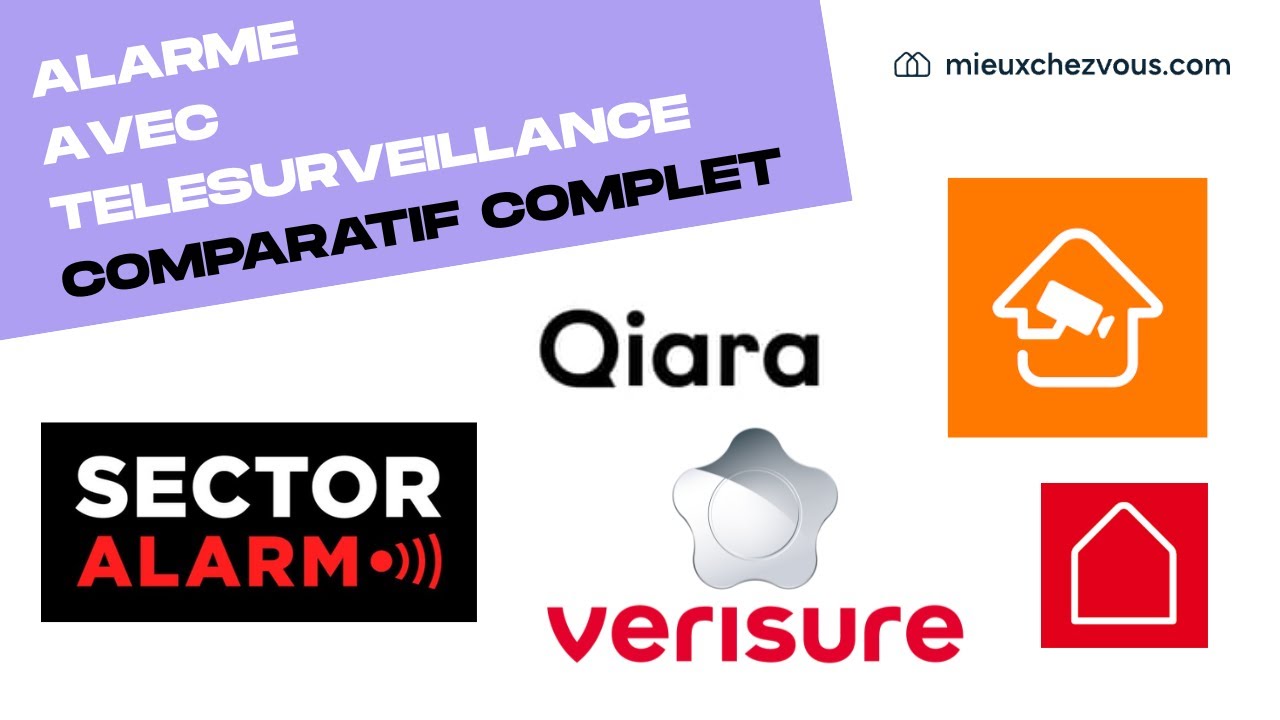 Miniature vidéo affichant le texte « ALARME AVEC TELESURVEILLANCE COMPARATIF COMPLET » et les logos des marques Sector Alarm, Qiara, Verisure et Orange.