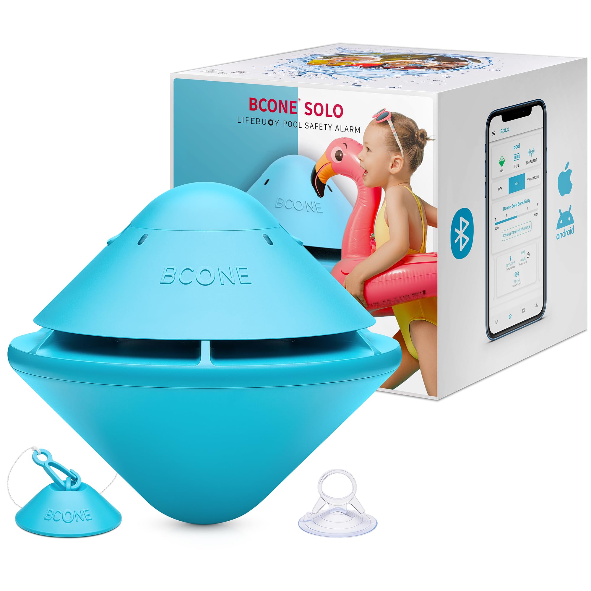 Une alarme de piscine flottante bleue de la marque BCONE avec son emballage montrant une enfant et une application mobile.
