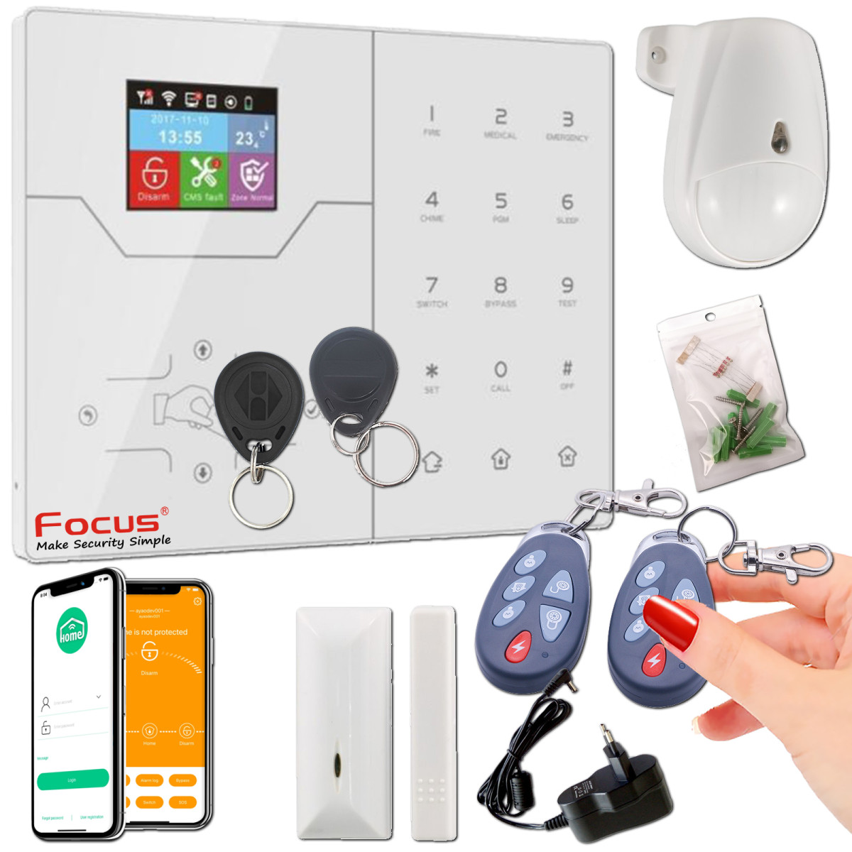 Système d’alarme de la marque Focus avec un panneau de contrôle tactile, des télécommandes, des badges RFID, un détecteur, un capteur d’ouverture et une application mobile affichée sur un smartphone.