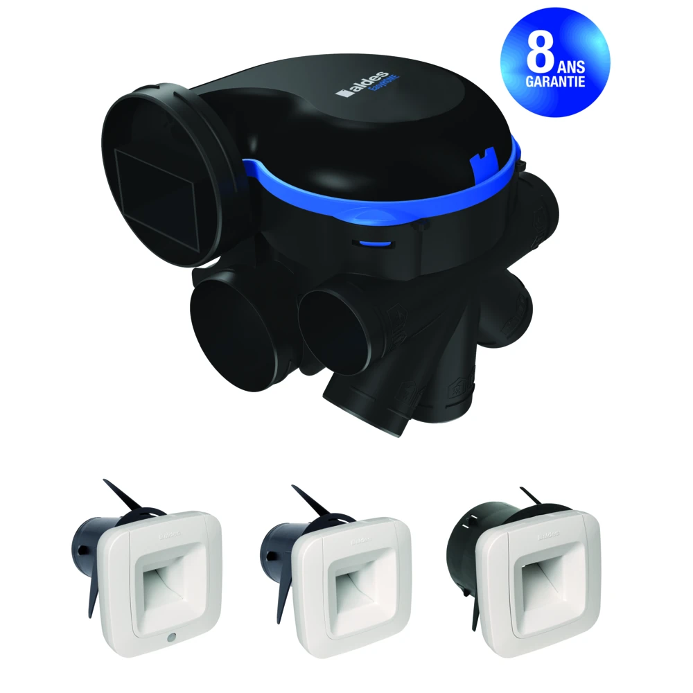 Caisson EasyHOME Hygro Premium noir avec piquages et trois bouches d’extraction