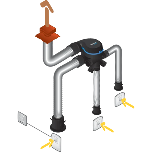 Schéma Aldes d’un système EasyHOME Hygro avec caisson, gaines d’extraction, bouches et entrées d’air