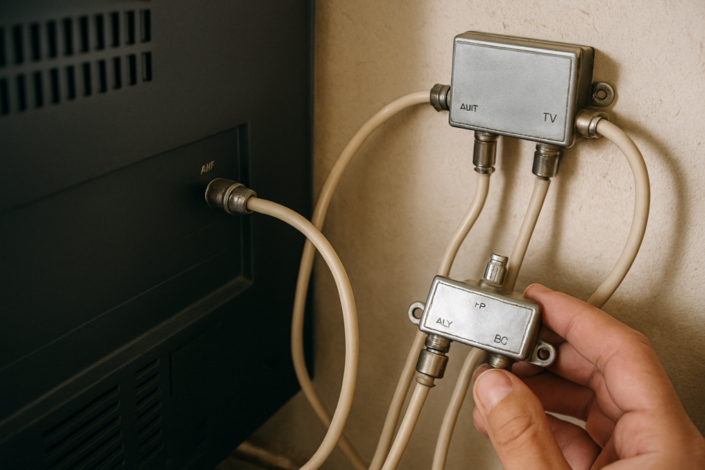Photo en gros plan d’une main tenant un petit boîtier métallique connecté par des câbles coaxiaux à un répartiteur mural et à la prise antenne d’un téléviseur.