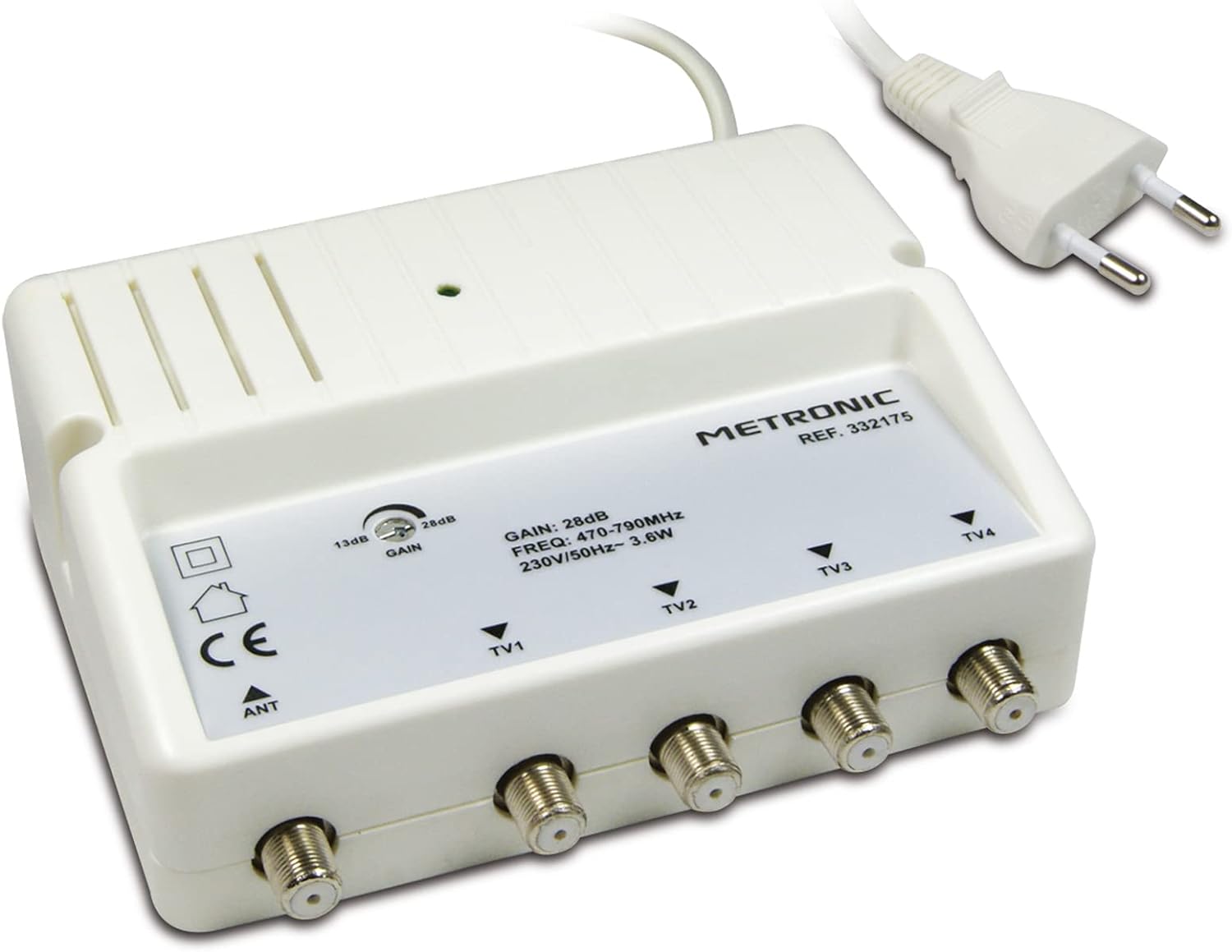 Photo d’un amplificateur de signal TV blanc de marque Metronic avec quatre sorties coaxiales, un réglage de gain et son cordon d’alimentation.