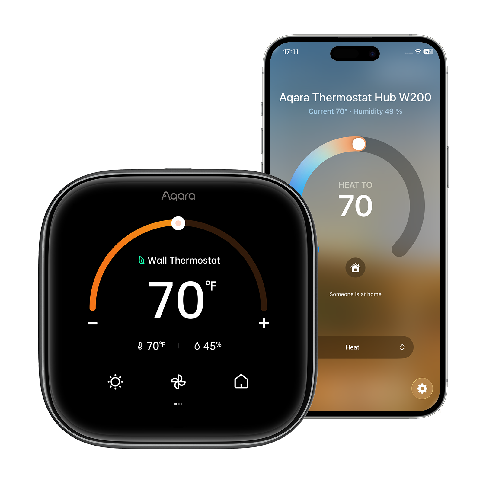Thermostat mural noir Aqara affichant 70 degrés Fahrenheit, accompagné d’un smartphone montrant l’interface de l’application Aqara Thermostat Hub W200.