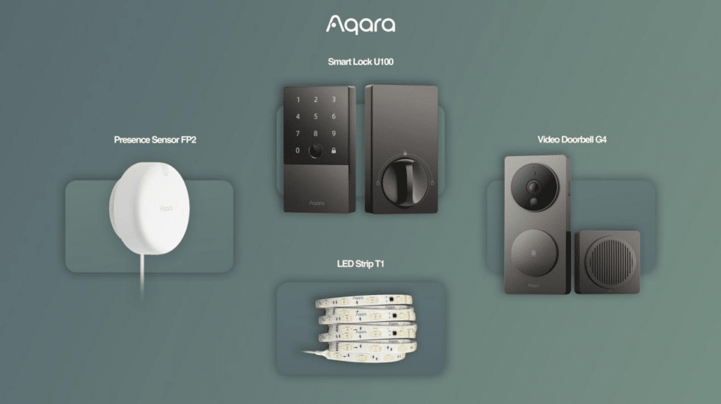 Infographie sur fond vert présentant plusieurs produits Aqara : un capteur de présence, une serrure connectée, une sonnette vidéo et une bande LED.