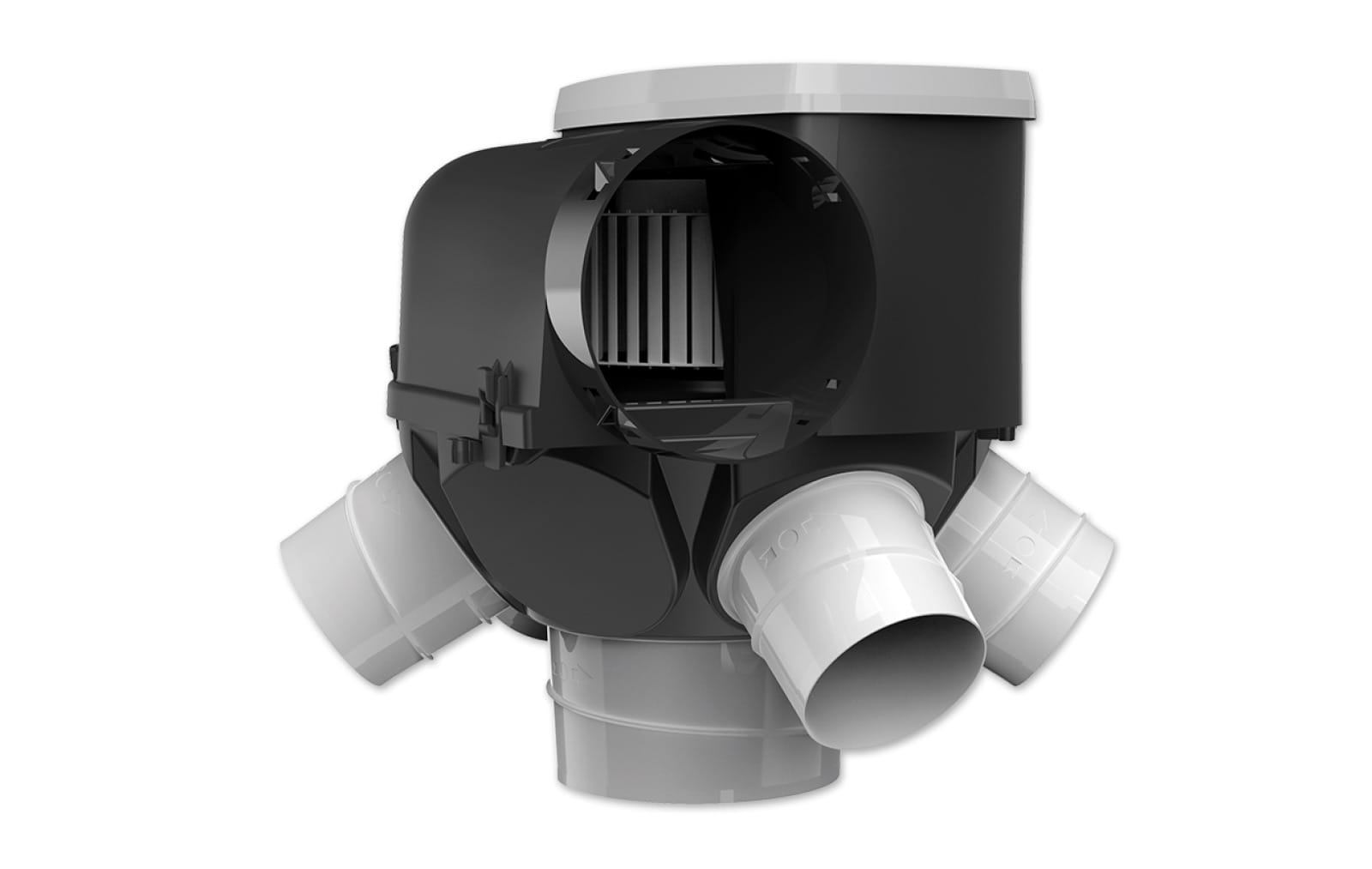 Groupe VMC simple flux Atlantic Autocosy, vue de face avec ses raccords de gaines