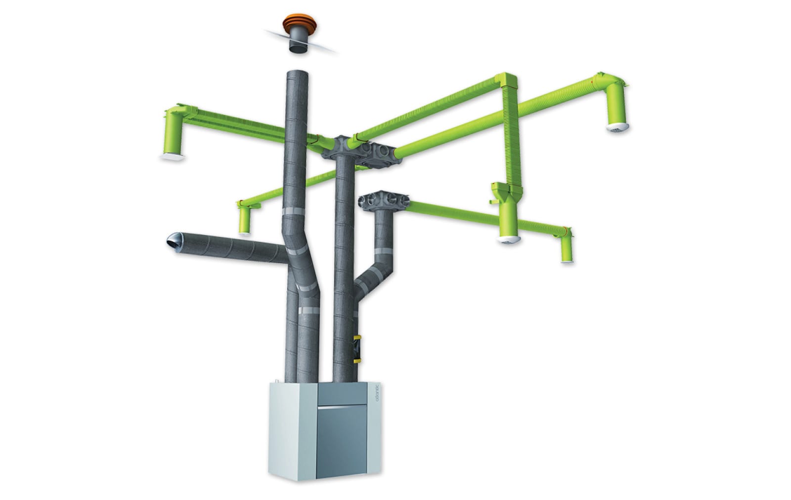 Schéma d'installation d'une VMC double flux Optimocosy avec ses réseaux de soufflage et d'extraction