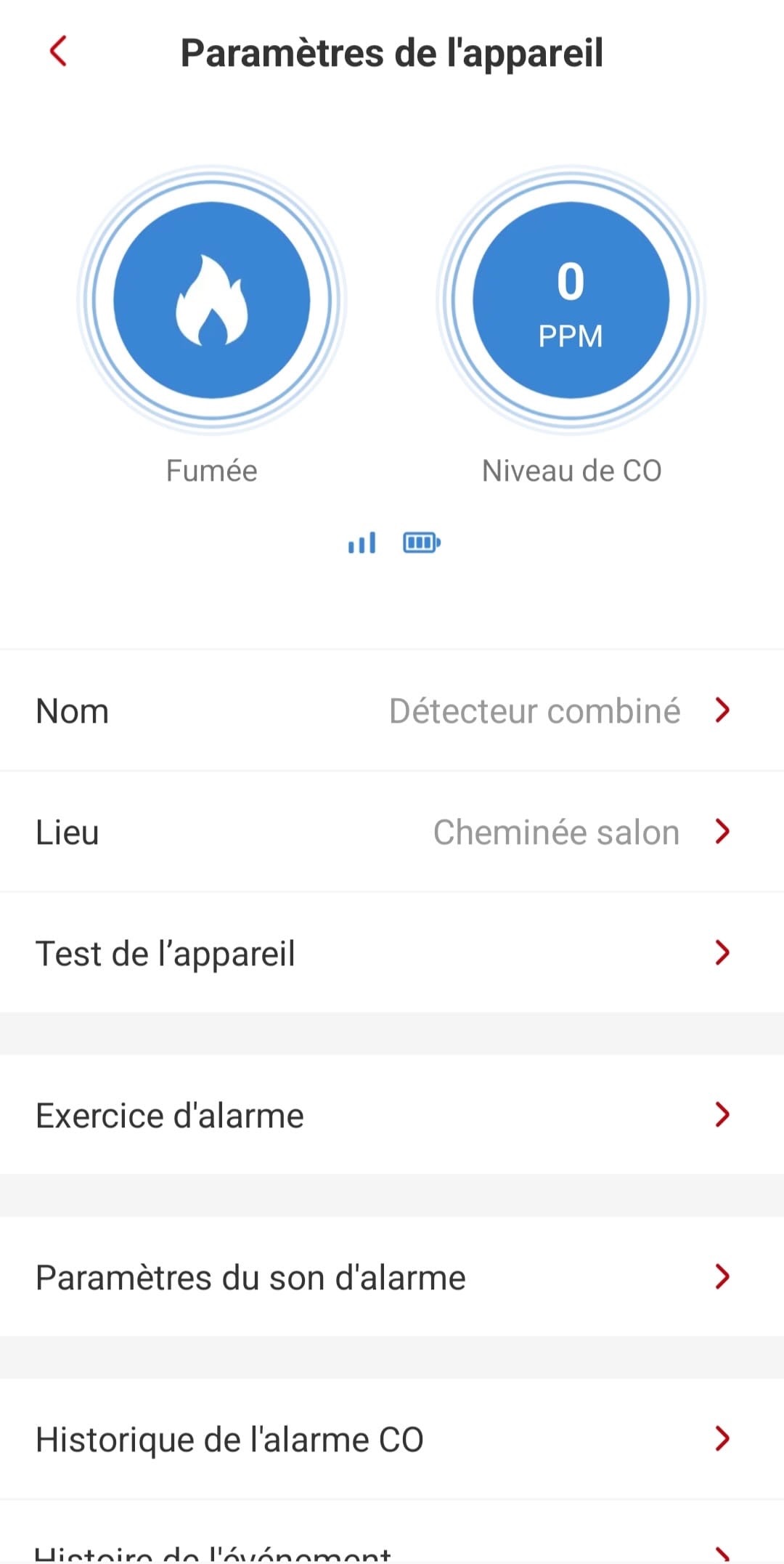 Interface de l'application X-Sense détecteur de fumée