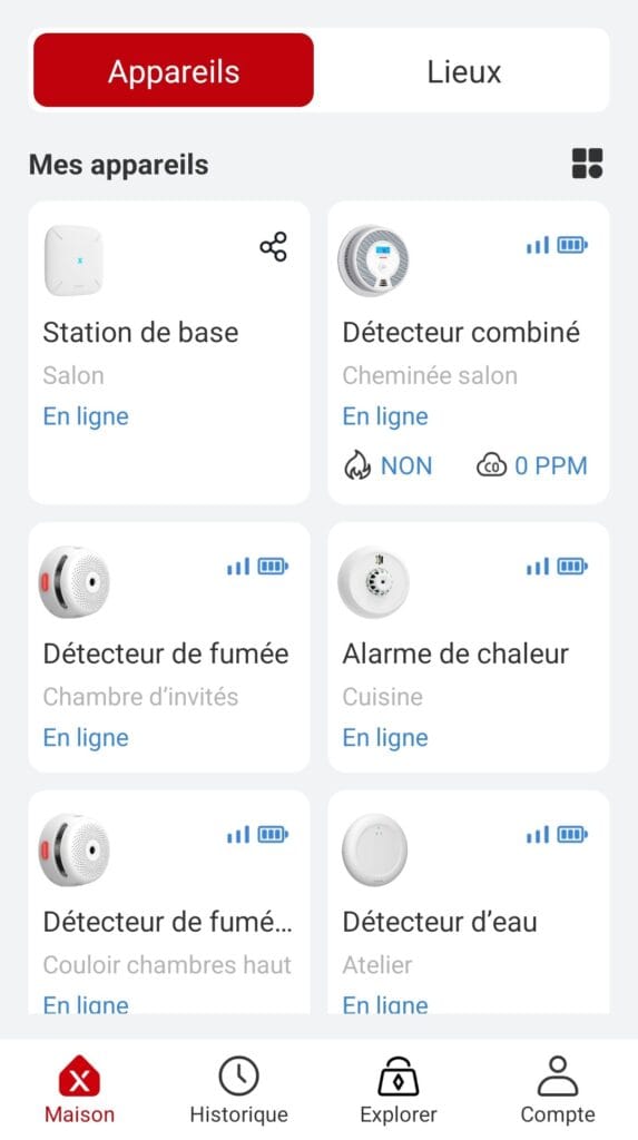 Liste des appareils connectés dans l'application X-Sense