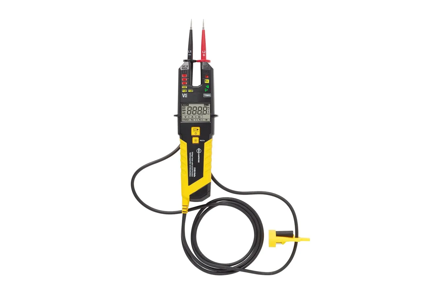 Testeur Beha-Amprobe 2100-Delta vu de face avec ses deux pointes et sa mâchoire ouverte de courant