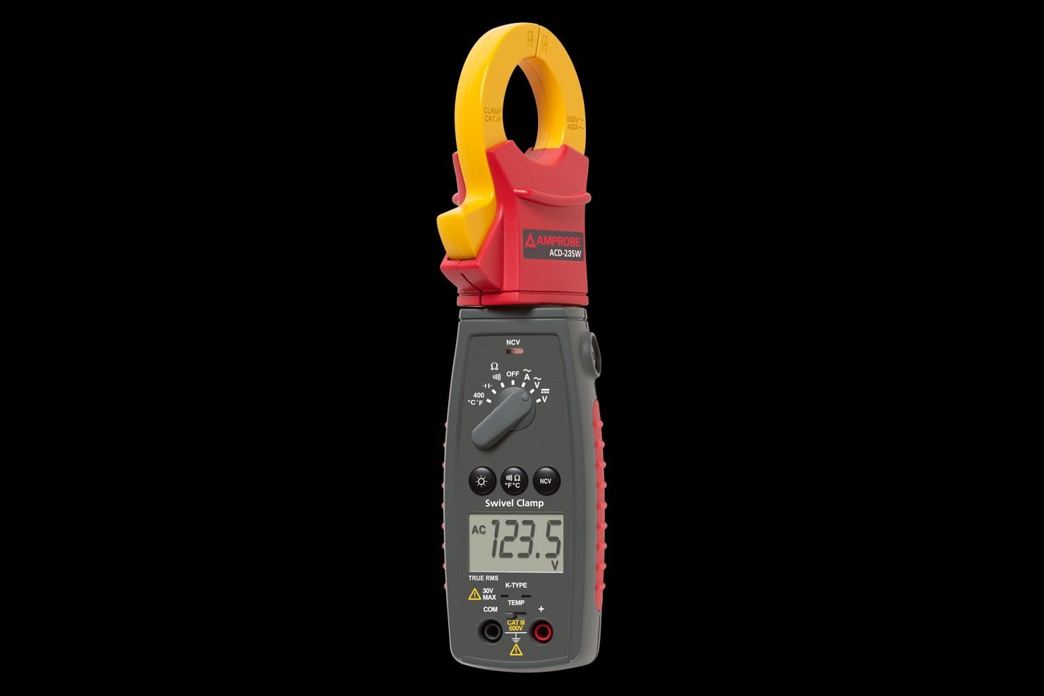 Pince multimètre Amprobe ACD-23SW à tête pivotante avec mâchoire jaune ouverte